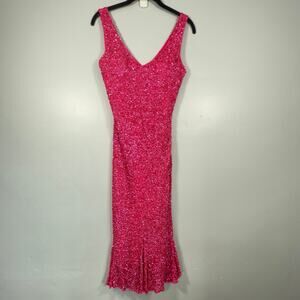 Mac Duggal Couture 100% Silk Barbie Pink Sequin Gown 8 Y2K Formal Dress VTG